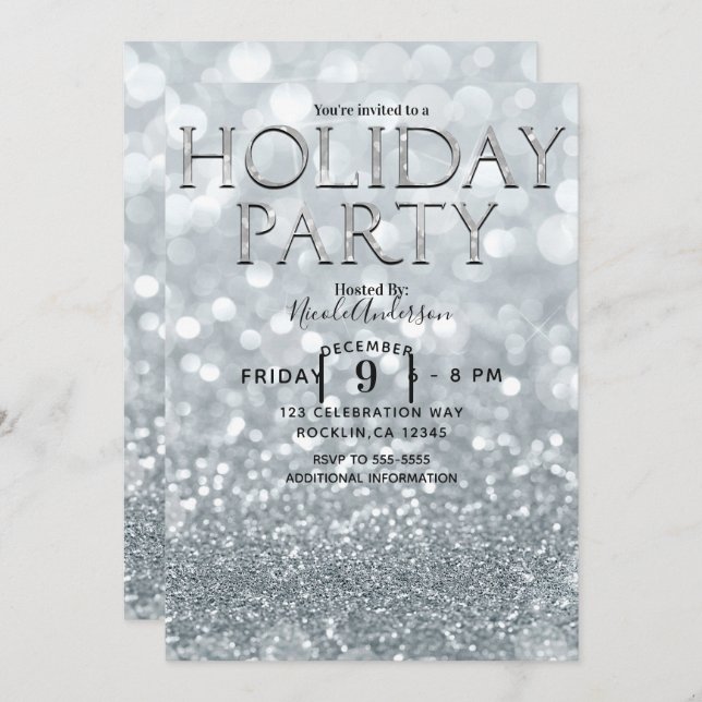 White Silver Glitter Bokeh Glam Holiday Party Invitation (Front/Back)