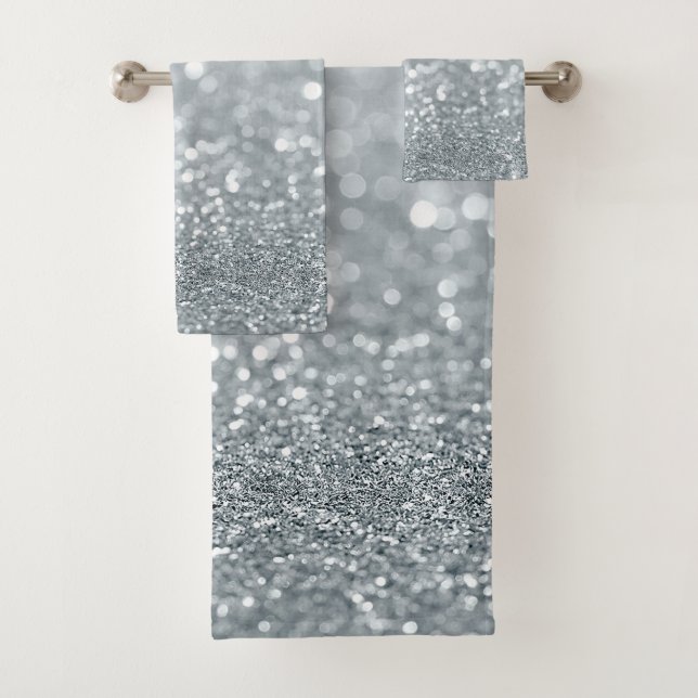 White Silver Glitter Bokeh Glam Trendy Sparkle Bath Towel Set (Insitu)