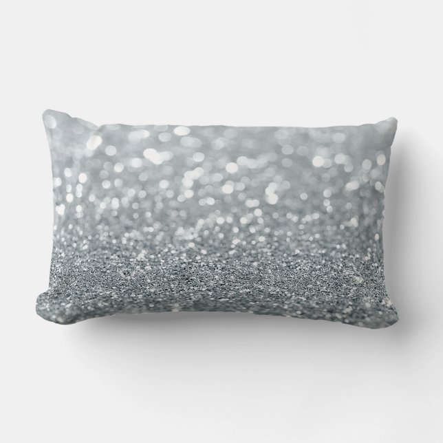 White Silver Glitter Bokeh Glam Trendy Sparkle Lumbar Cushion (Front)