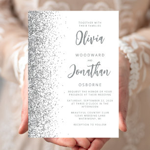 White Silver Glitter Calligraphy Wedding Invitation