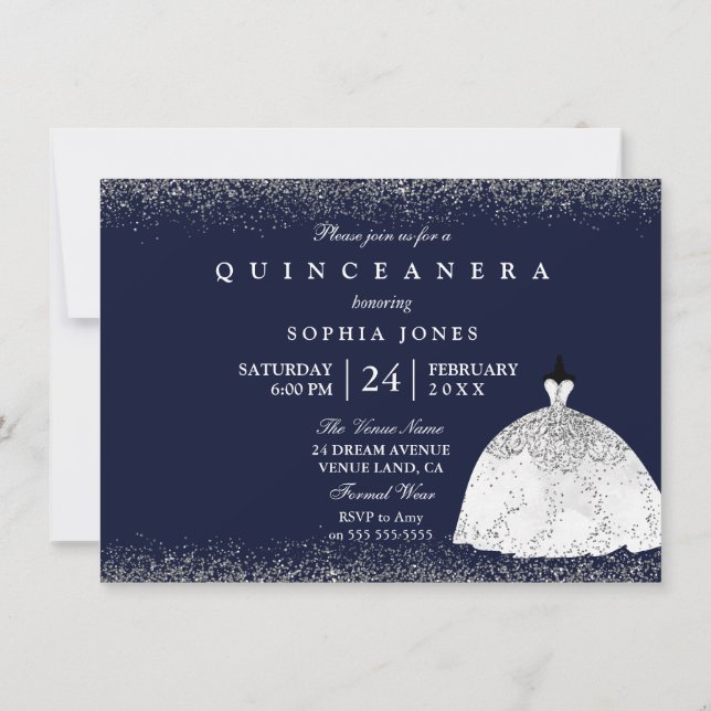 White Silver Glitter Dress Quinceanera Party Invitation (Back)