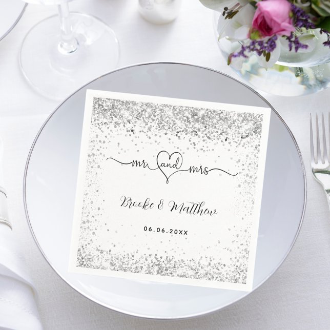 White silver glitter elegant mr mrs heart wedding napkin (Creator Uploaded)