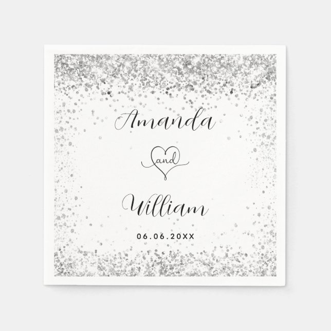 White silver glitter elegant script wedding napkin (Front)