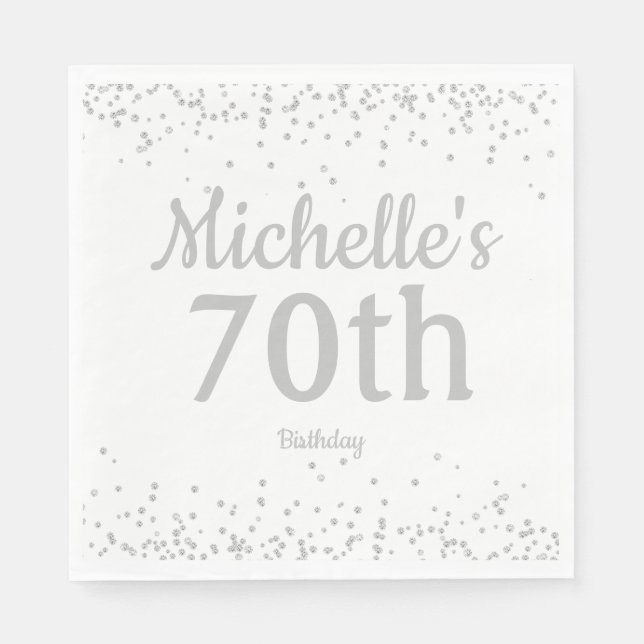 White Silver Glitter Girl's 70th Birthday Napkin (Front)