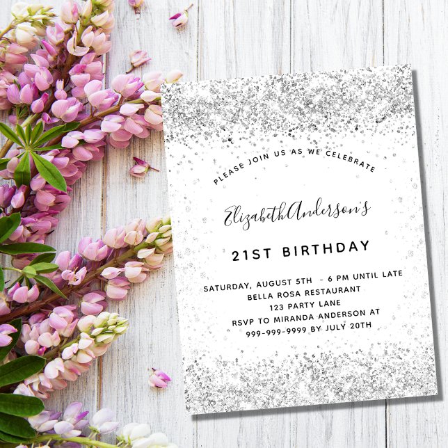 White silver glitter glamourous birthday invitation (Creator Uploaded)
