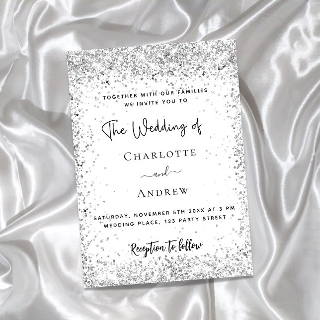 White silver glitter script luxury wedding invitation (Creator Uploaded)