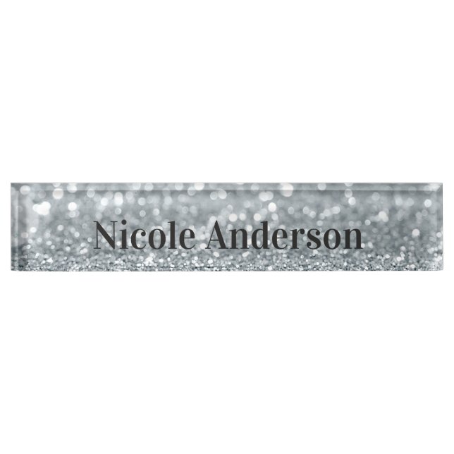 White Silver Glitter Sparkle Gift Elegant Glam Nameplate (Front)
