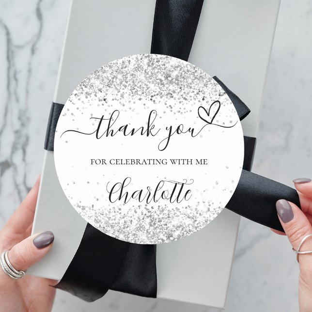 White silver glitter sparkles thank you classic round sticker (Creator Uploaded)