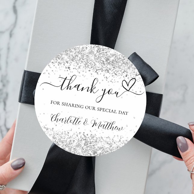 White silver glitter sparkles thank you wedding classic round sticker (Creator Uploaded)