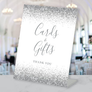 White Silver Glitter Wedding Cards and Gifts Pedestal Sign