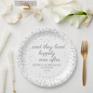White Silver Glitter Wedding Happily Ever After Paper Plate