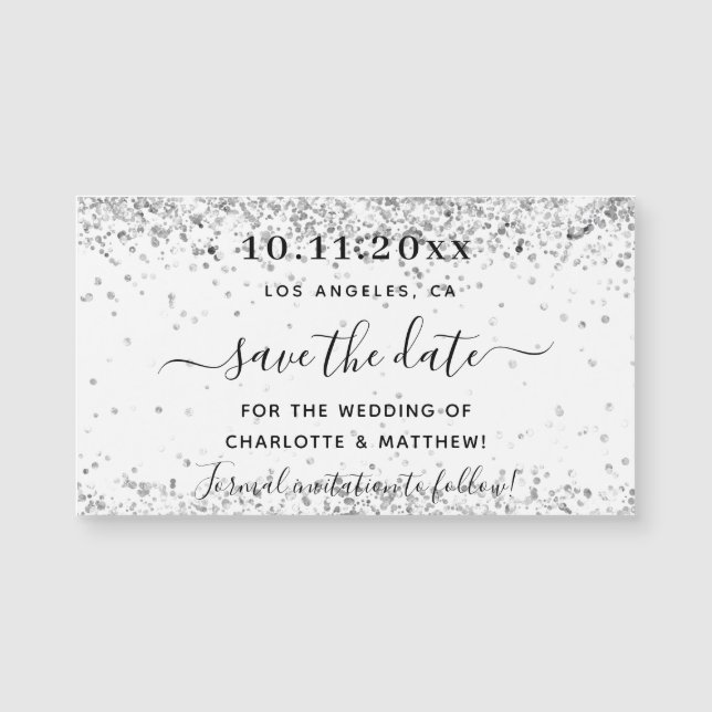 White silver glitter wedding save the date magnet (Front)