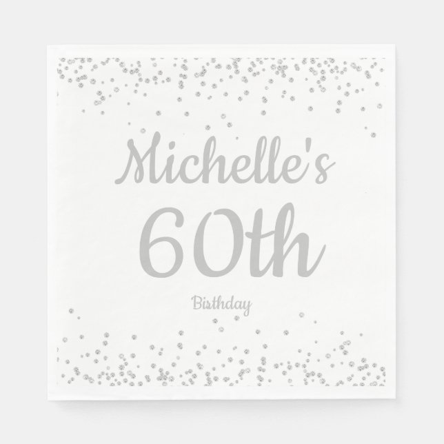 White Silver Glitter Women's 60th Birthday Napkin (Front)