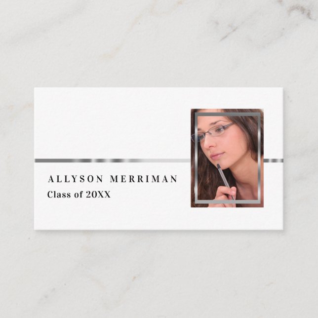 White | Silver Graduation Photo Insert Name Cards (Front)
