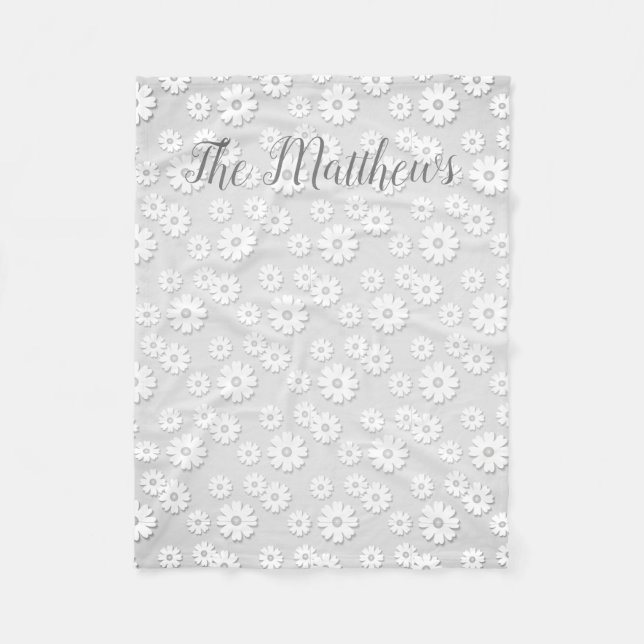 White & Silver Grey Floral Fleece Blanket (Front)