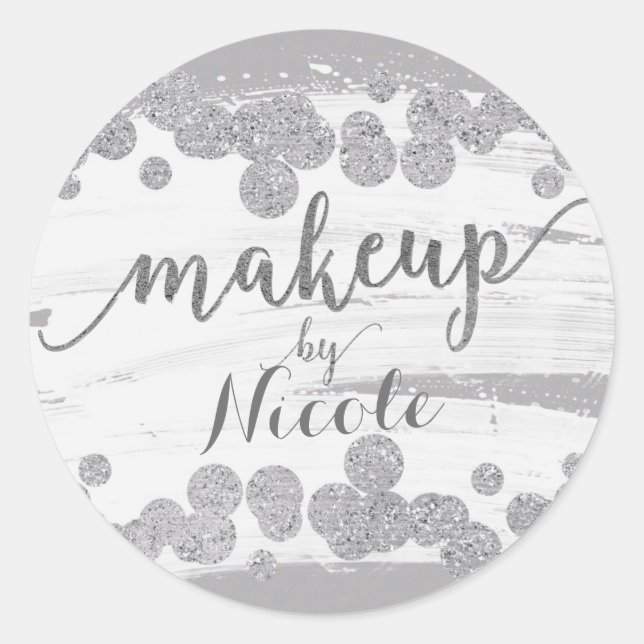 White Silver & Grey Sparkle Dots Makeup by Classic Round Sticker (Front)