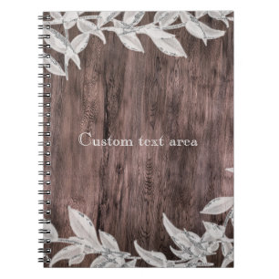White & Silver Leaves & Rustic Wood Elegant Spiral Notebook