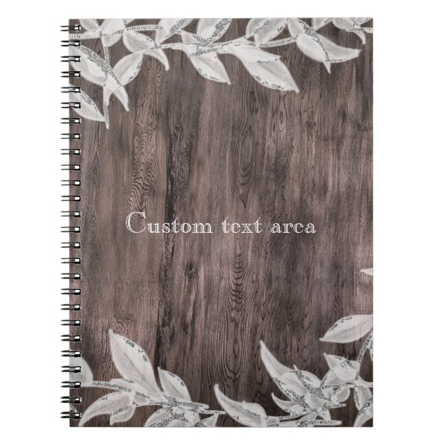 White & Silver Leaves & Rustic Wood Elegant Spiral Notebook (Front)