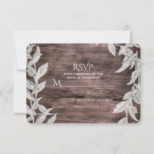 White Silver Leaves Rustic Wood Fall Elegant RSVP Card