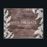 White & Silver Leaves & Rustic Wood Save the Date Announcement Postcard<br><div class="desc">White & Silver Leaves & Rustic Wood Save the Date Postcard. Matching items in my store.</div>