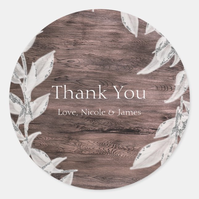 White & Silver Leaves Winter Wedding Rustic Favour Classic Round Sticker (Front)
