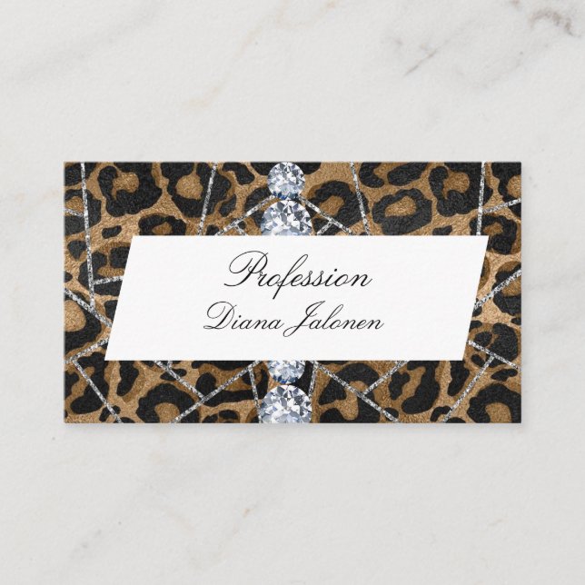 White Silver Marble Black Glitter Leopard Business Card (Front)