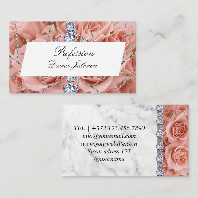 White Silver Marble Rose Black Glitter Business Card (Front/Back)