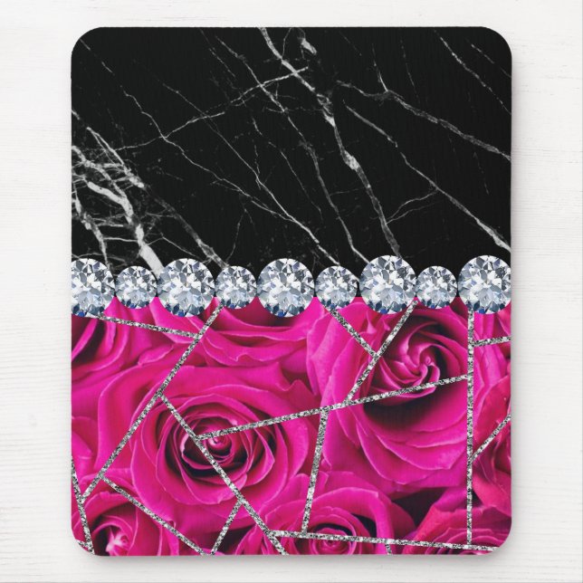 White Silver Marble Rose Black Glitter Mouse Pad (Front)