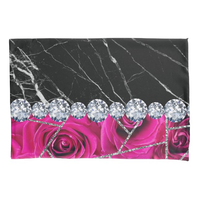 White Silver Marble Rose Black Glitter Pillowcase (Front)