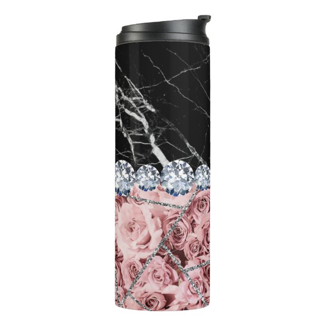 White Silver Marble Rose Black Glitter Thermal Tum Thermal Tumbler (Rotated Left)