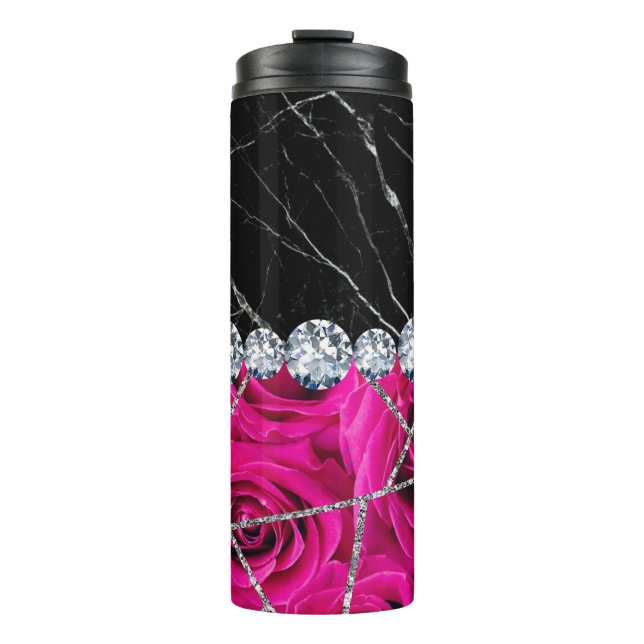 White Silver Marble Rose Black Glitter Thermal Tumbler (Front)