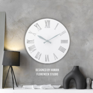White Silver Metallic Grey Roman Numbers Large Clock