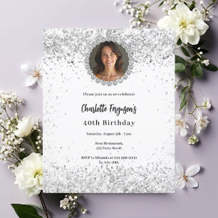 White silver photo diamonds birthday invitation