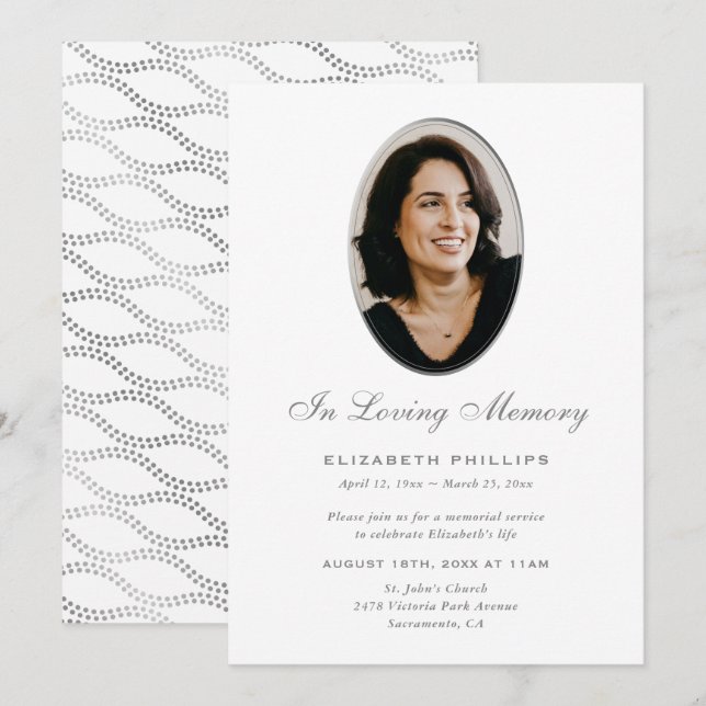 White Silver Photo Memorial In Loving Memory Invitation (Front/Back)