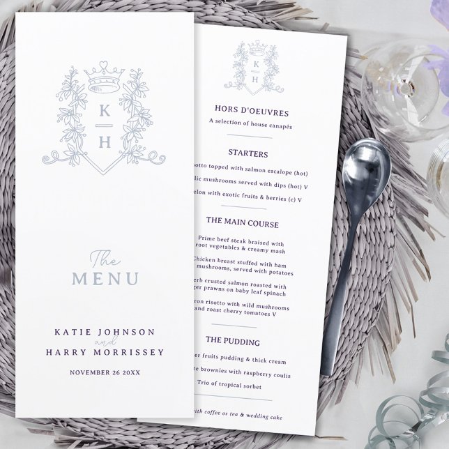 White silver purple crown crest monogram wedding menu (Creator Uploaded)