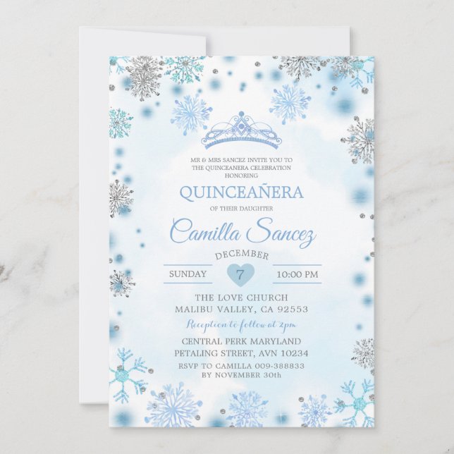 White Silver Snowflake Christmas Sweet 16th Invite (Front)