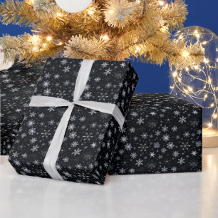 White Silver Snowflakes Black Christmas Wrapping Paper