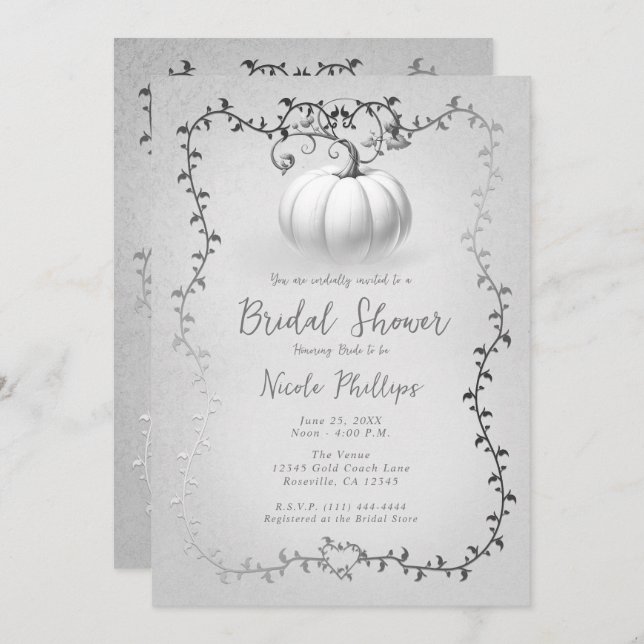 White Silver Storybook White Pumpkin Bridal Shower Invitation (Front/Back)