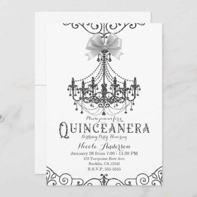 White & Silver White Bow Chic Quinceañera 15 15th Invitation (Front/Back)