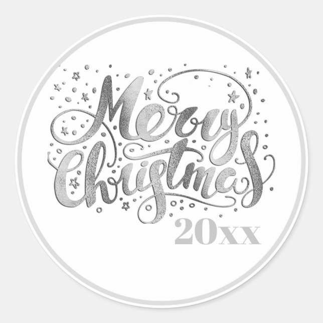 White Silver White Merry Christmas Classic Round Sticker (Front)