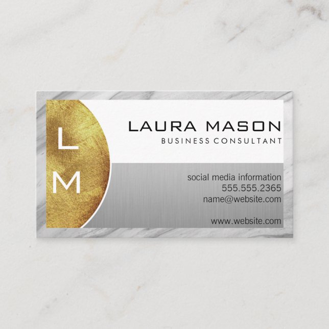 White Silver with Monogram | Marble Border Business Card (Front)