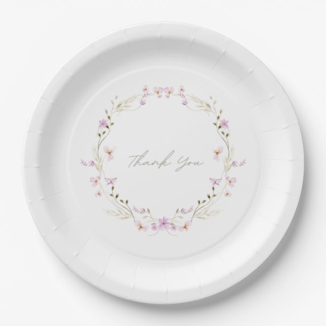 white simple delicate floral  paper plate (Front)
