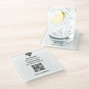 White Simple Elegant Wifi QR Code Network Password Glass Coaster