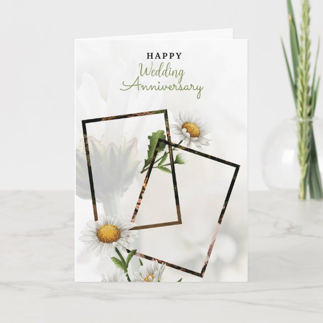 White Simple Floral Happy Wedding Anniversary  Card (Front)