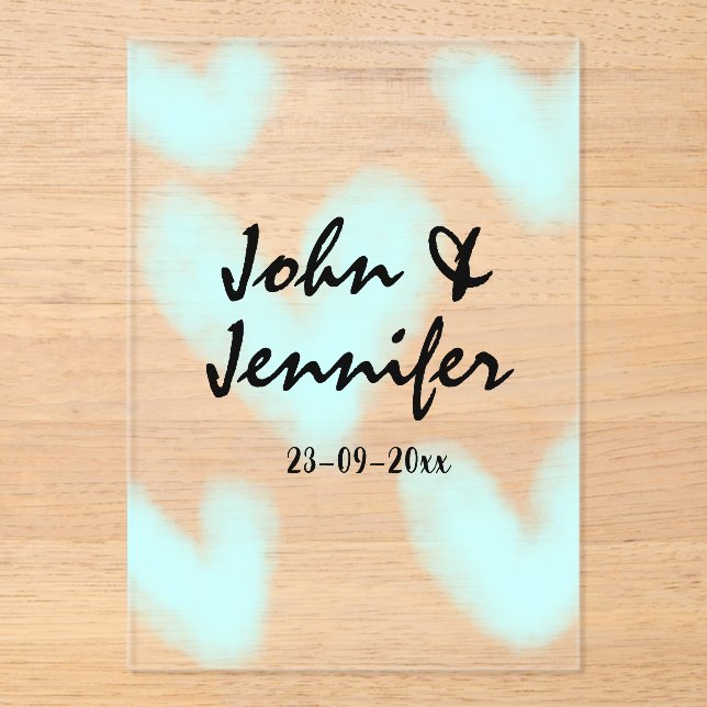 white simple minimal text style wedding blue heart acrylic invitations (Front)