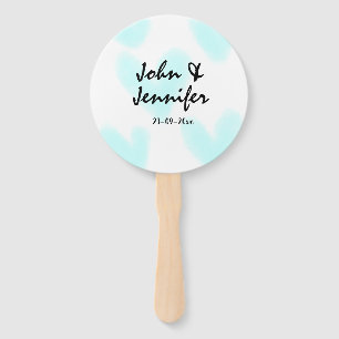 white simple minimal text style wedding blue heart hand fan