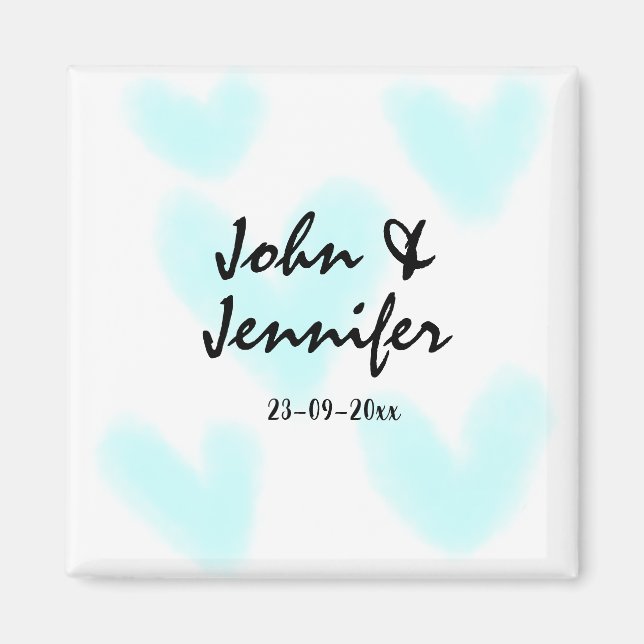 white simple minimal text style wedding blue heart magnet (Front)
