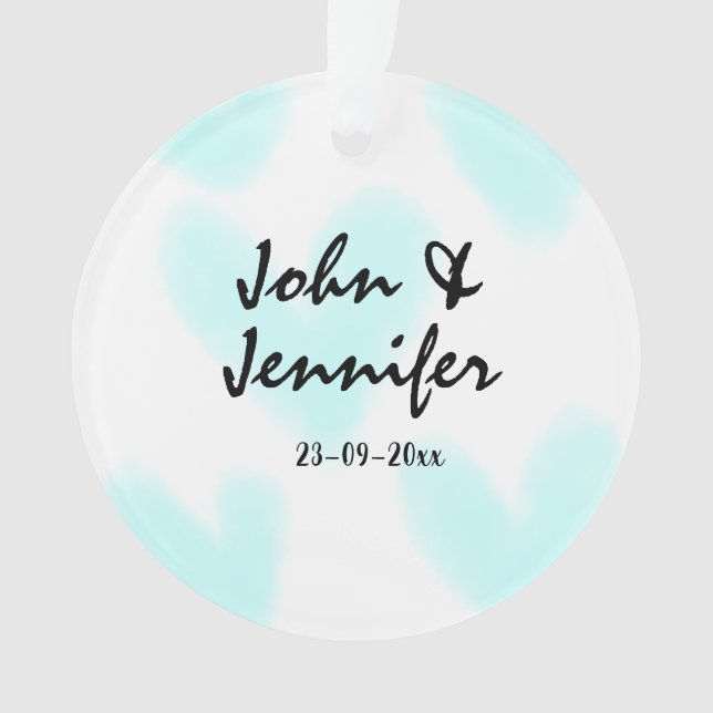 white simple minimal text style wedding blue heart ornament (Front)
