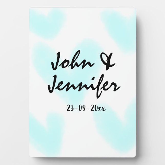 white simple minimal text style wedding blue heart plaque (Front)