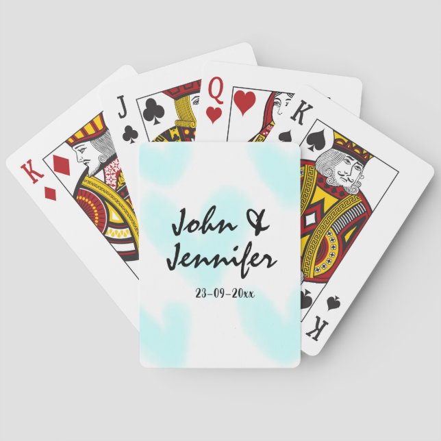 white simple minimal text style wedding blue heart playing cards (Back)